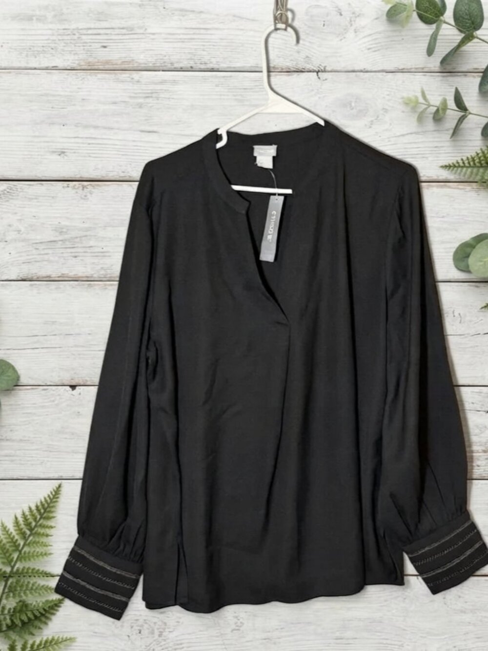 NWT Chico's Chain Cuff Blouse 3 Black Textured Crepe Long Sleeve Size 16/18 Top